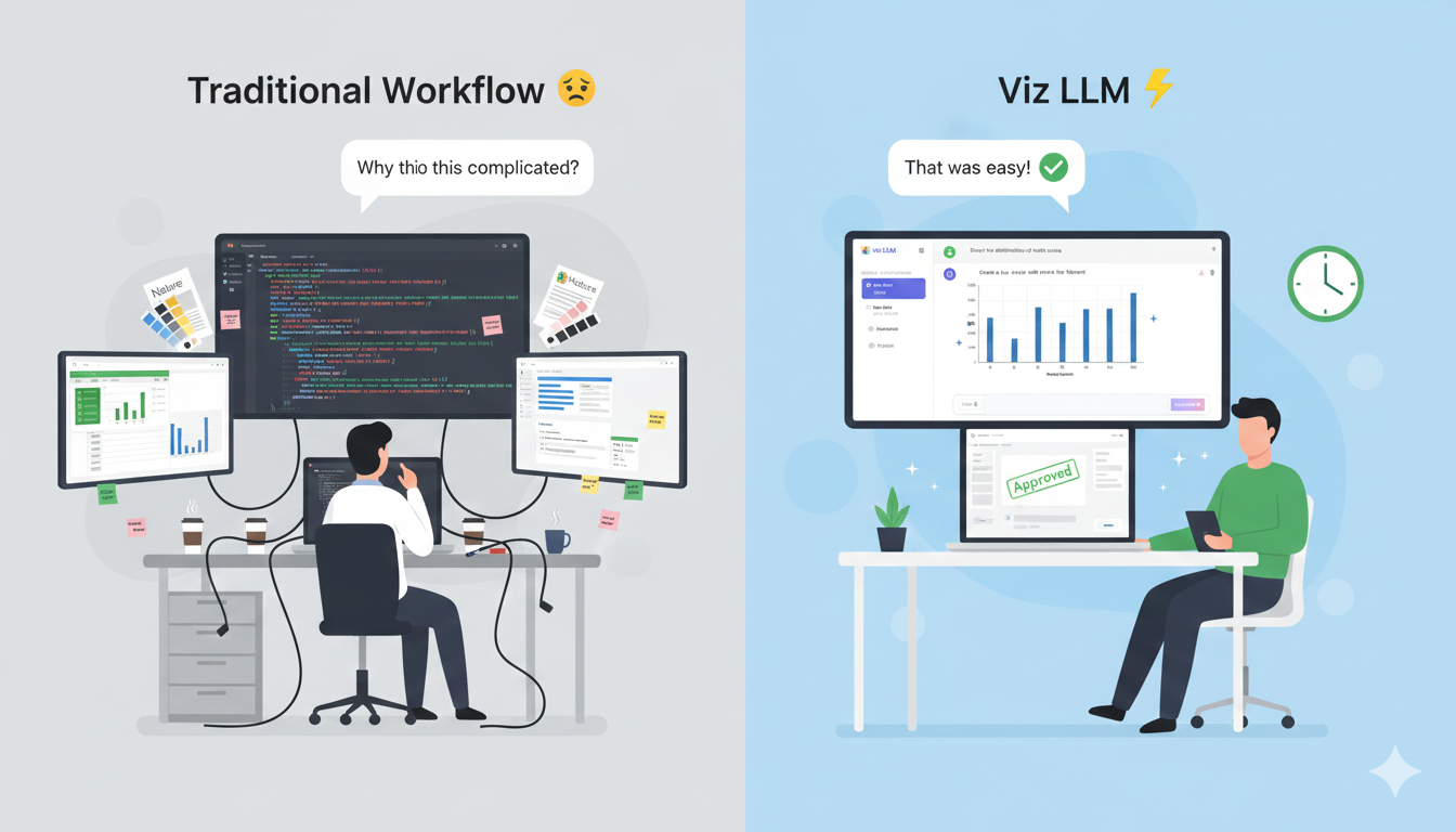 Researcher workspace comparison: frustrated researcher with multiple monitors, complex code, and messy desk versus relaxed researcher with clean Viz LLM interface, single laptop, and organized workspace - showing the dramatic difference in user experience